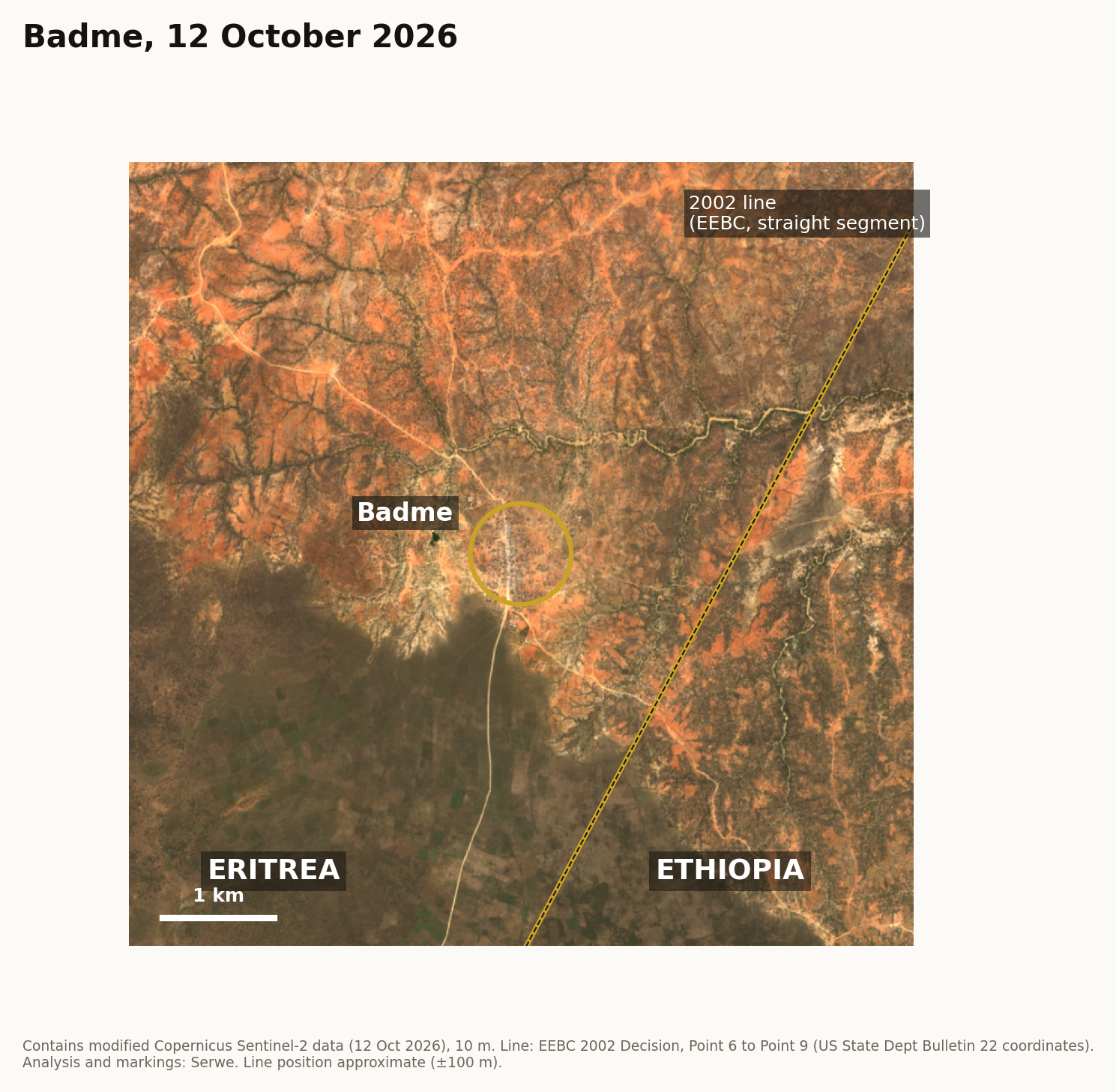 Satellite image of Badme with the straight 2002 boundary line drawn to its south-east