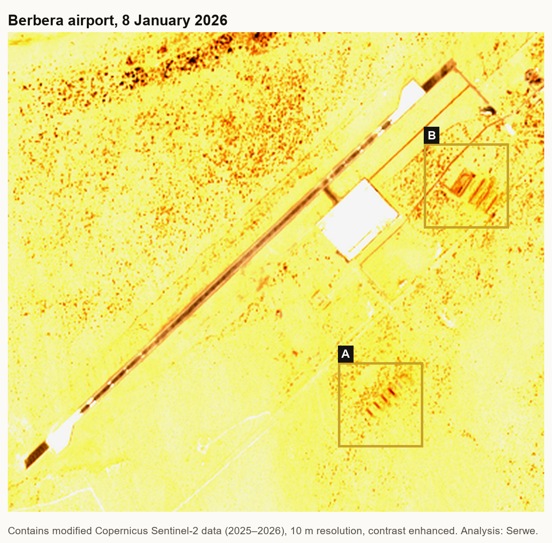 Satellite image of Berbera airport with two dig sites marked A and B, 8 January 2026