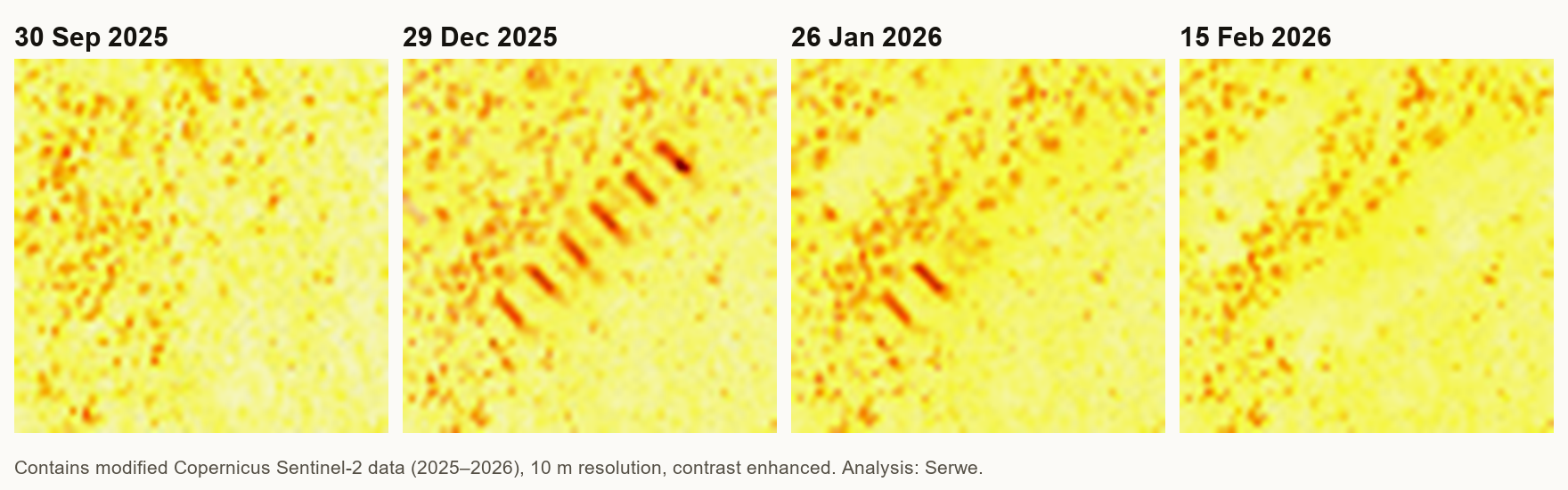Four satellite images of Site A at Berbera airport, September 2025 to February 2026