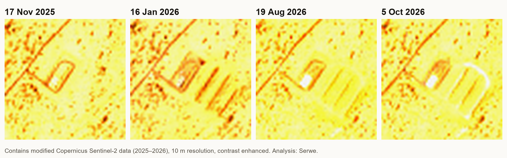 Four satellite images of Site B at Berbera airport, November 2025 to October 2026
